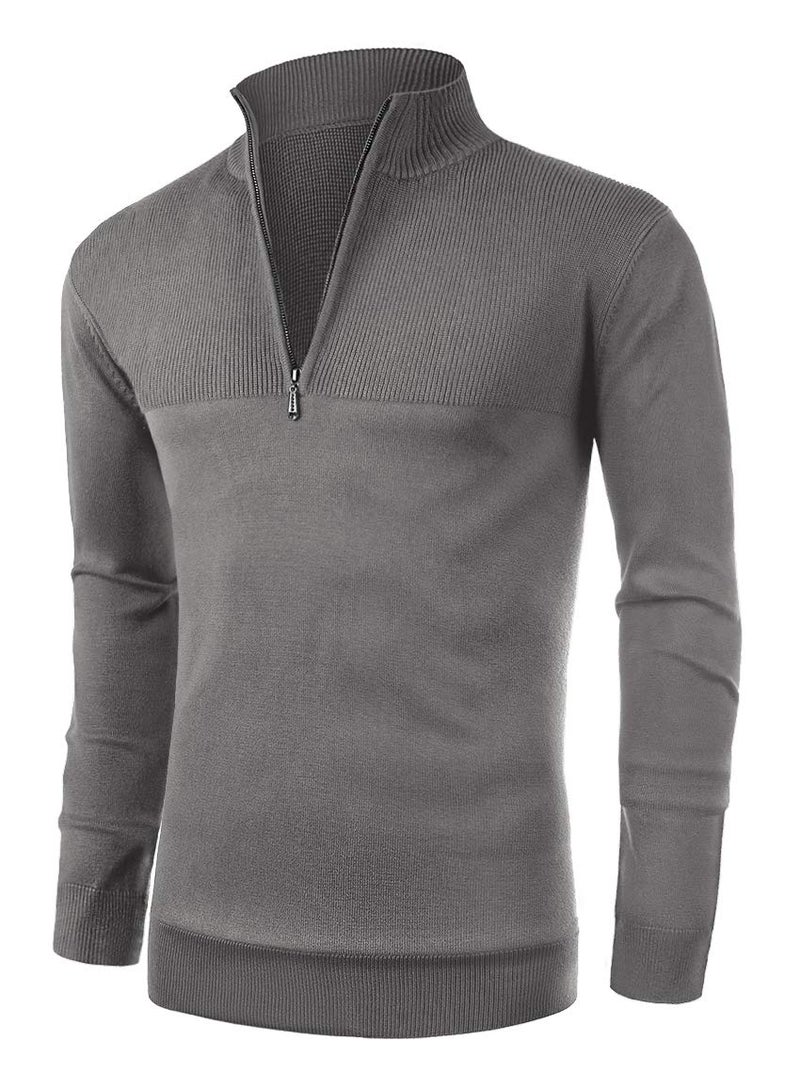 NITAGUT Mens Slim Fit Zip Up Mock Neck Polo Sweater Casual Long Sleeve Sweater and Pullover Sweaters with Ribbing Edge(Grey-L) - Image 1